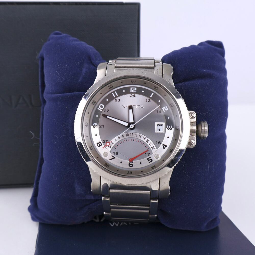 Nautica GMT Watch A16002G Grey Retrograde Date New with Box Stainless Steel - Picture 3 of 8